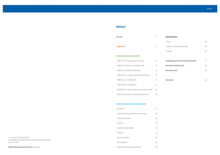 Inhalt
1. Januarbis31.Dezember2012
ZurVorlageinderOrdentlichenGesellschafterversammlung
am11.Juni2013
ESWEVerkehrsgesellschaftmbH,Wiesbaden
inhalt
Vorwort	 	4
Lagebericht	 	6
ZentraleThemendesJahres2012
·	ERRECHNET:Fahrgastzahlen-Rekorde		15
·	ERREICHT:10.000. Abonnementkunde	 	15
·	ERMITTELT:Kundenzufriedenheit	 	16
·	EINGESETZT:„EuropassaubersteDieselbusse“	 	16
·	ERPROBT:„GTL“-Kraftstoff	 	17
·	EINGEFÜHRT:Umweltzone	 17
·	ENTWICKELT:ElektronischerFahrausweis„eTicket“	 18
·	ERZIELT:DynamischeFahrgastinformationen	 19
InformationenausdenBetriebsbereichen
·	Fahrdienst	 22
·	VerkehrsplanungundVerkehrssteuerung	 	24
·	TechnischerBetrieb	 26
·	Vertrieb	 28
·	Kundenkommunikation	 	30
·	Personal	 34
·	Rechnungswesen	 36
·	Nerobergbahn	 	38
·	ESWEVerkehrServicegesellschaft	 40
Jahresabschluss
·	Bilanz	 	44
·	Gewinn-undVerlustrechnung	 	45
·	Anhang	 	46
BestätigungsvermerkdesAbschlussprüfers	 	57
BerichtdesAufsichtsrates	 	58
Kennwerte2012	 	59
Impressum	 59
 
