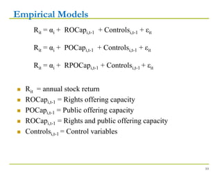 Empirical Models
 Rit = annual stock return
 ROCapi,t-1 = Rights offering capacity
 POCapi,t-1 = Public offering capacity
 ROCapi,t-1 = Rights and public offering capacity
 Controlsi,t-1 = Control variables
10
Rit = αi + ROCapi,t-1 + Controlsi,t-1 + εit
Rit = αi + POCapi,t-1 + Controlsi,t-1 + εit
Rit = αi + RPOCapi,t-1 + Controlsi,t-1 + εit
 