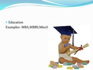  Education
Examples- MBA,MBBS,Mtech,Phd,
 