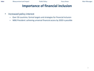 Intro

Measurement and Impact

Public Policy

Focus Areas

Main Messages

Importance of financial inclusion
• Increased po...