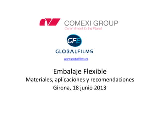 Embalaje Flexible
Materiales, aplicaciones y recomendaciones
Girona, 18 junio 2013
www.globalfilms.es
 