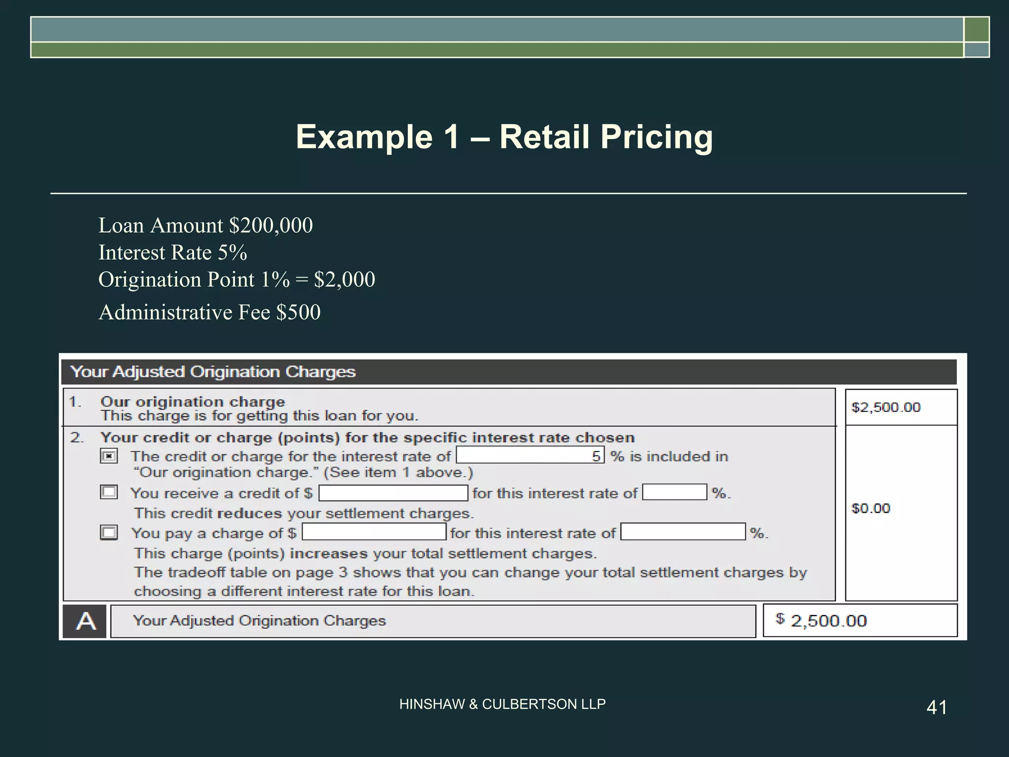 Loan Amount $200,000 Interest Rate 5% Origination Point 1% = $2,000 Administrative Fee $500 Example 1 – Retail Pricing 
