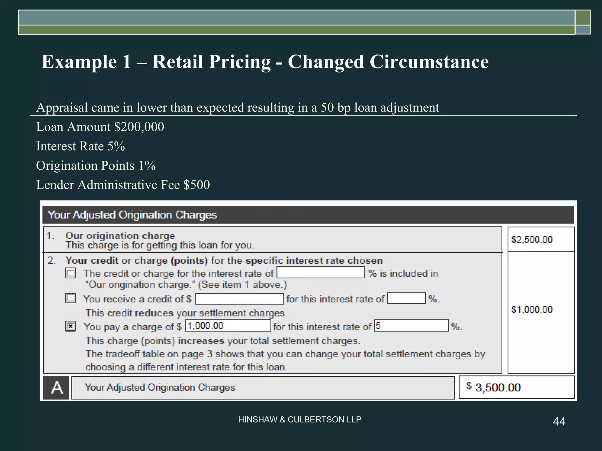 Example 1 – Retail Pricing - Changed Circumstance Appraisal came in lower than expected resulting in a 50 bp loan adjustment Loan Amount $200,000 Interest Rate 5% Origination Points 1% Lender Administrative Fee $500 