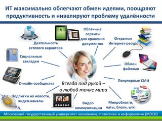 Облачные
сервисы
для хранения
документов
Всегда под рукой –
в любой точке мира
Обмен
файлами
Популярные СМИ
Открытые
Интернет-ресурс
Онлайн-сообщества
Деятельность
сетевого характера
Подписки на новости,
видео-каналы
Видео
коммуникации
Социальные
закладки
Микроблогги,
чаты, блоги, wiki
ИТ максимально облегчают обмен идеями, поощряют
продуктивность и нивелируют проблему удалённости
 