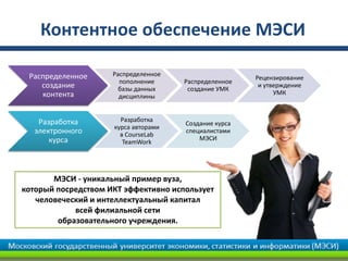 Контентное обеспечение МЭСИ
Распределенное
создание
контента
Распределенное
пополнение
базы данных
дисциплины
Распределенное
создание УМК
Рецензирование
и утверждение
УМК
Разработка
электронного
курса
Разработка
курса авторами
в CourseLab
TeamWork
Создание курса
специалистами
МЭСИ
МЭСИ - уникальный пример вуза,
который посредством ИКТ эффективно использует
человеческий и интеллектуальный капитал
всей филиальной сети
образовательного учреждения.
 