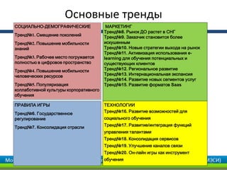 Основные тренды
30
СОЦИАЛЬНО-ДЕМОГРАФИЧЕСКИЕ
Тренд№1. Смещение поколений
Тренд№2. Повышение мобильности
знаний
Тренд№3. Рабочее место погружается
полностью в цифровое пространство
Тренд№4. Повышение мобильности
человеческих ресурсов
Тренд№5. Популяризация
коллаботивной культуры корпоративного
обучения
МАРКЕТИНГ
Тренд№8. Рынок ДО растет в СНГ
Тренд№9. Заказчик становится более
искушенным
Тренд№10. Новые стратегии выхода на рынок
Тренд№11. Активизация использования e-
learning для обучения потенциальных и
существующих клиентов
Тренд№12. Региональное развитие
Тренд№13. Интернациональная экспансия
Тренд№14. Развитие новых сегментов услуг
Тренд№15. Развитие форматов Saas
ПРАВИЛА ИГРЫ
Тренд№6. Государственное
регулирование
Тренд№7. Консолидация отрасли
ТЕХНОЛОГИИ
Тренд№16. Развитие возможностей для
социального обучения
Тренд№17. Развитие/интеграция функций
управления талантами
Тренд№18. Консолидация сервисов
Тренд№19. Улучшение каналов связи
Тренд№20. Он-лайн игры как инструмент
обучения
 