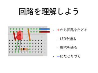 • ＋から回路をたどる
• LEDを通る
• 抵抗を通る
• ーにたどりつく
回路を理解しよう
 