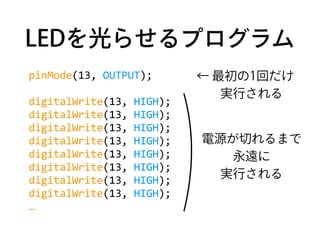 LEDを光らせるプログラム
pinMode(13,	
  OUTPUT);	
  
digitalWrite(13,	
  HIGH);	
  
digitalWrite(13,	
  HIGH);	
  
digitalWrite(13,	
...