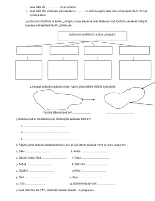 1. Ìàíàé Ìîíãîë îðîí ………………..îð÷èì íóóðòàé .
        2. Ìàíàé Ìîíãîë îðíû íóóðóóäûí íèéò òàëáàé íü …………..êì áîëîõ áà òýð íü ìàíàé íèéò íóòàã äýâñãýðèéí 1 % òàé
           òýíöäýã áàéíà.

        3.Íóóðóóäûã õîòãîðûíõ íü ãàðàë ¿¿ñëýýð þó ãýæ àíãèëäàã òèéì ãàðàëòàé ÿìàð íóóðóóä áàéäãèéã ñõåìýýð
        ã¿éöýýæ òýäãýýðèéã ãàçðûí çóðàãò çàà.


                                                     Íóóðóóäûã õîòãîðûíõ íü ãàðàë ¿¿ñëýýð íü




             4.Äаðааõ çóðãèéã àæèãëàí òóõàéí íууð íü ÿìàð ãîðèìòîé áîëîõûã òàéëáàðëà.



                                                                 Ýã



                         Ýíý ÿìàð ãîðèìòîé íóóð âý?..........................       ……………………………….

5.Íóóðóóä ÿìàð à÷ õîëáîãäîëòîé âý? Íóóðûã þóíä àøèãëàæ áîëîõ âý?

    1. …………………………………………………

    2. ………………………………………………………

    3. ………………………………………………………………..

6. Ãàçðûí çóðàã àøèãëàí äàðààõ íóóðóóä íü àëü àéìàãò îðøèæ áàéãààã íºõºæ áè÷èæ ä¿ãíýëò õèé .

1. Óâñ-- ……………………………                                   6. Áóéð - ………………………………

2. Òààöûí öàãààí íóóð …………………………….                      7. Óëààí ……………………………….

3. Àéðàã ……………………………..                                  8. Õàð –Óñ …………………………

4. Õÿðãàñ ……………………………..                                 9.Òîëáî …………………………….

5. Õîòîí …………………………..                               10. Äàÿí ……………………………

11. ßõü ………………………                                    12.Òýðõèéí öàãààí íóóð …………………….

7. Ìàíàé Ìîíãîë îðíû ãîë ìºðºí , íóóðóóäûí õàìãèéí õàìãèéí ... ã¿éöýýæ áè÷.
 