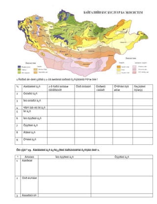 1.Ñóðàõ áè÷ãèéí çóðàã 7.1-ûã àøèãëàã äàðààõ õ¿ñíýãòèéã íºõºæ õèé !

¹1    Áàéãàëèéí á¿ñ          7-ð ñàðûí äóíäàæ       Õóð òóíàäàñ   Óóðøèõ   Õºðñíèé õýâ   ßëçìàãèéí
                             òåìïåðàòóð                           ÷àäâàð   øèíæ          õýìæýý
2     Òóíäðûí á¿ñ

3     Îéò òóíäðûí á¿ñ

4     ªðãºí íàâ÷èò îéí á¿ñ
5     Îéí á¿ñ

6     Îéò õýýðèéí á¿ñ

7     Õýýðèéí á¿ñ

8     Ãîâèéí á¿ñ

9     Öºëèéí á¿ñ


Õè÷ýýë ¹ 29. Áàéãàëèéí á¿ñ á¿ñë¿¿ðèéí õàðüöóóëñàí õ¿ñíýãò õèé! 1.

 ¹     Àñóóëò                     Îéò õýýðèéí á¿ñ                          Õýýðèéí á¿ñ
1    Áàéðëàë




2    Óóð àìüñãàë




3    Ãàäàðãûí óñ
 