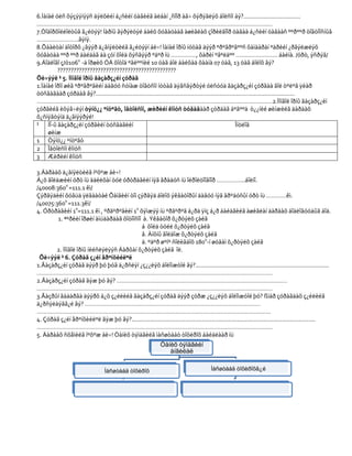 6.Ìàíàé óëñ õýçýýíýýñ äýëõèéí á¿ñèéí öàãèéã àëáàí ¸ñîîð àâ÷ õýðýãëýõ áîëñîí áý?..................................
……………………………………………………………………………………………………………………………
7.Òîäîðõîéëîëòûã ã¿éöýý! Íàðíû ãýðýëòýé áàéõ õóãàöààã àøèãëàõ çîðèëãîîð öàãàà á¿ñèéí öàãààñ ººðººð òîãòîîñíûã
…………………….ãýíý.
8.Õààëòàí äîòîðõ ¿ãýýð ä¿ãíýëòèéã ã¿éöýýí áè÷! Ìàíàé îðíû íóòàã äýýð ºðºãðºãººñ õàìààðàí ºäðèéí ¿ðãýëæëýõ
õóãàöàà ººð ººð áàéäàã áà çóí õîéä õýñãýýð ºäºð íü ……………, õàðèí ºâºëäºº ……………………. áàéíà. /óðò, ýñðýã/
9.Áîäëîãî ç/ó1060 -ä îðøèõ ÓÁ õîòîä ºãëººíèé 10 öàã áîë áàéõàä õààíà 07 öàã, 13 öàã áîëîõ âý?
         ????????????????????????????????????????????
Õè÷ýýë ¹ 5. Ìîíãîë îðíû ãàçàðç¿éí çóðàã
1.Ìàíàé îðîí øèã ºðºãðºãèéí äàãóó ñóíàæ òîãòñîí íóòàã äýâñãýðòýé óëñóóä ãàçàðç¿éí çóðãàà ãîë òºëºâ ÿèàð
òóñãàãààð çóðäàã âý?.......................................................................................................................
……………………………………………………………………………………………………………………………2.Ìîíãîë îðíû ãàçàðç¿éí
çóðãèéã èõýâ÷ëýí òýíö¿¿ ºíöºãò, îãòîëñîí, æèðèéí êîíóñ òóãàãààð çóðäàã áºãººä ò¿¿íèé øèíæèéã äàðààõ
õ¿ñíýãòýíä ä¿ãíýýðýé!
¹ ÌÎ-û ãàçàðç¿éí çóðãèéí òóñãàãèéí                                                                     Îíöëîã
     øèíæ
1 Òýíö¿¿ ºíöºãò
2 Îãòîëñîí êîíóñ
3 Æèðèéí êîíóñ

3.Äàðààõ ä¿ãíýëòèéã íºõºæ áè÷!
Á¿õ ãîëäæèéí óðò íü àäèëõàí òóë óðòðàãèéí íýã ãðàäóñ íü îéðîëöîîãîîð ……………..áîëíî.
/40008:3600 =111.1 êì/
Çýðãýäèéí õóâüä ÿëãààòàé Õàìãèéí òîì çýðãýä áîëîõ ýêâàòîðûí äàãóó íýã ãðºäóñûí óðò íü …………êì.
/40075:3600 =111.3êì/
4. Óðòðàãèéí 10=111.1 êì , ºðãºðºãèéí 10 õýìæýý íü ºðãºðºã á¿ðä ÿíç á¿ð áàéäãèéã àøèãëàí äàðààõ áîäëîãóóäûã áîä.
        1. ªºðèéí îðøèí àìüäàðäàã õîòîîñîî à. Ýêâàòîð õ¿ðòýëõ çàéã
                                          á õîéä òóéë õ¿ðòýëõ çàéã
                                          â. Àíõíû ãîëäîæ õ¿ðòýëõ çàéã
                                          ä. ºäºð øºíº ñîëèãäîõ 1800-í øóãàì õ¿ðòýëõ çàéã
       2. Ìîíãîë îðíû íèéñëýëýýñ Äàðõàí õ¿ðòýëõ çàéã îë.
 Õè÷ýýë ¹ 6. Çóðàã ç¿éí åðºíõèéëºë
1.Ãàçàðç¿éí çóðàã äýýð þó þóã ä¿ðñëýí ¿ç¿¿ëýõ áîëîìæòîé âý?................................................................................
……………………………………………………………………………………………………………………………
2.Ãàçàðç¿éí çóðàã ãýæ þó âý? …………………………………………………………………………………………
……………………………………………………………………………………………………………………………
3.Ãàçðûí ãàäàðãà äýýðõ á¿õ ç¿éëèéã ãàçàðç¿éí çóðàã äýýð çóðæ ¿ç¿¿ëýõ áîëîìæòîé þó? ßìàð çóðàãäàõ ç¿éëèéã
ä¿ðñýëäýãã¿é âý? ……………………………………………………………………………………………
…………………………………………………………………………………………………………………………..
4. Çóðàã ç¿éí åðºíõèéëºë ãýæ þó âý?..............................................................................................................
……………………………………………………………………………………………………………………………
5. Äàðààõ ñõåìèéã íºõºæ áè÷! Òàíèõ òýìäãèéã ìàñøòàáò òîõèðîõ áàéäëààð íü
                                                            Òàíèõ òýìäãèéí
                                                               àíãèëàë


                                 Ìàñøòàáä òîõèðîõ                                    Ìàñøòàáä òîõèðîõã¿é
 