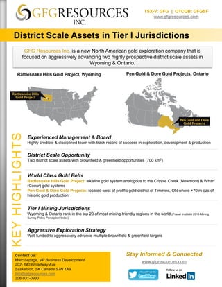 District Scale Assets in Tier I Jurisdictions
TSX-V: GFG | OTCQB: GFGSF
www.gfgresources.com
Rattlesnake Hills Gold Project, Wyoming Pen Gold & Dore Gold Projects, Ontario
KEYHIGHLIGHTS
Contact Us:
Marc Lepage, VP Business Development
202- 640 Broadway Ave
Saskatoon, SK Canada S7N 1A9
Info@gfgresources.com
306-931-0930
Stay Informed & Connected
Experienced Management & Board
Highly credible & disciplined team with track record of success in exploration, development & production
District Scale Opportunity
Two district scale assets with brownfield & greenfield opportunities (700 km2)
World Class Gold Belts
Rattlesnake Hills Gold Project: alkaline gold system analogous to the Cripple Creek (Newmont) & Wharf
(Coeur) gold systems
Pen Gold & Dore Gold Projects: located west of prolific gold district of Timmins, ON where +70 m ozs of
historic gold production
Tier I Mining Jurisdictions
Wyoming & Ontario rank in the top 20 of most mining-friendly regions in the world (Fraser Institute 2016 Mining
Survey Policy Perception Index)
Aggressive Exploration Strategy
Well funded to aggressively advance multiple brownfield & greenfield targets
www.gfgresources.com
GFG Resources Inc. is a new North American gold exploration company that is
focused on aggressively advancing two highly prospective district scale assets in
Wyoming & Ontario.
 