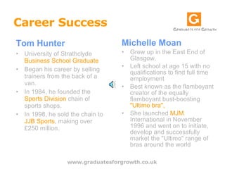 Career Success   Tom Hunter   University of Strathclyde  Business School Graduate   Began his career by selling trainers from the back of a van.  In 1984, he founded the  Sports Division  chain of sports shops. In 1998, he sold the chain to  JJB Sports , making over £250 million. Michelle Moan Grew up in the East End of Glasgow.  Left school at age 15 with no qualifications to find full time employment Best known as the flamboyant creator of the equally flamboyant bust-boosting  "Ultimo bra",   She launched  MJM  International in November 1996 and went on to initiate, develop and successfully market the "Ultimo" range of bras around the world www.graduatesforgrowth.co.uk 