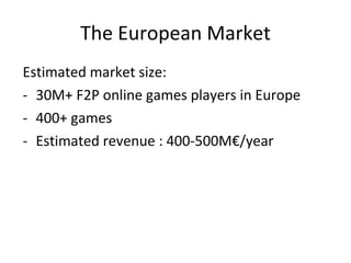 The European Market The market size (P2P and F2P) – $ ARPU  Source: idate Sept. 2008 