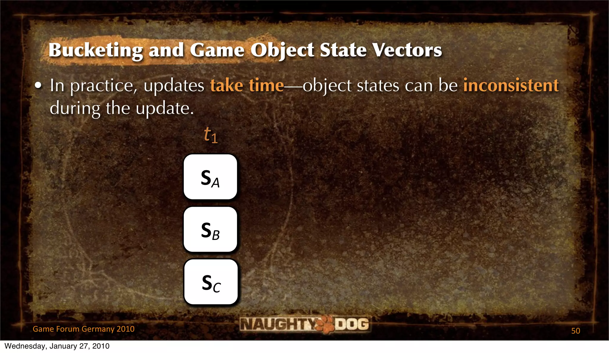 Bucketing and Game Object State Vectors
       • In practice, updates take time—object states can be inconsistent
         during the update.
                                 t1
                                 SA

                                 SB

                                 SC
       Game Forum Germany 2010                                              50
Wednesday, January 27, 2010
 