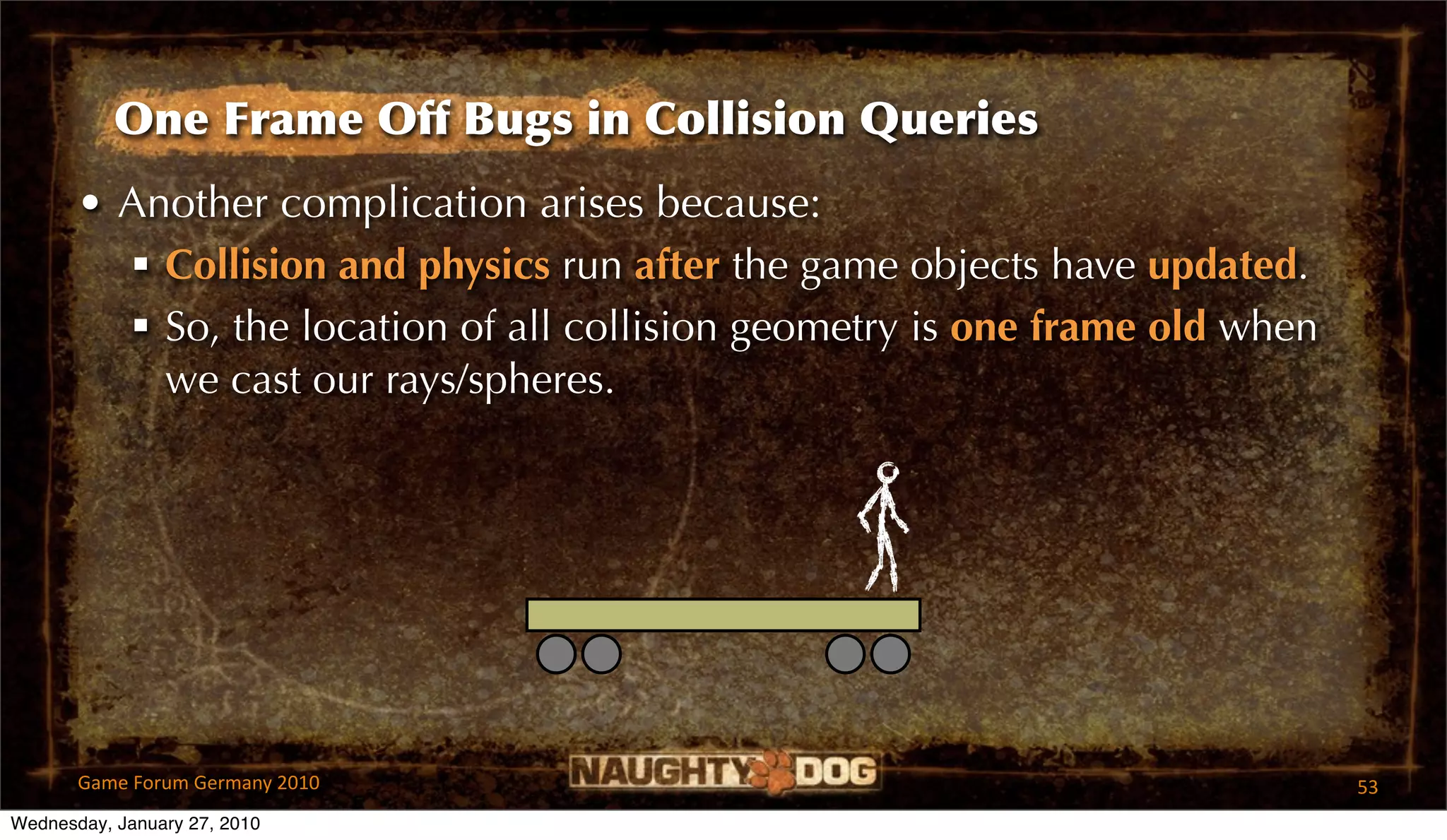 One Frame Off Bugs in Collision Queries
       • Another complication arises because:
          Collision and physics run after the game objects have updated.
          So, the location of all collision geometry is one frame old when
           we cast our rays/spheres.




       Game Forum Germany 2010                                                53
Wednesday, January 27, 2010
 