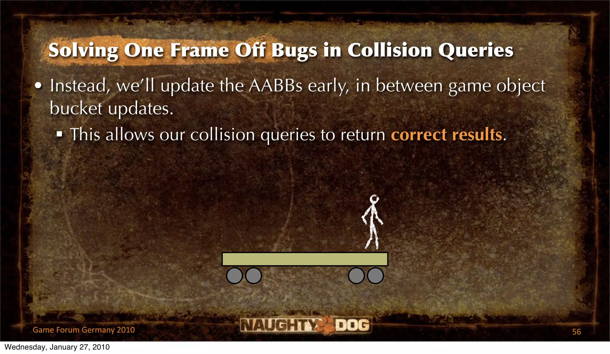 Solving One Frame Off Bugs in Collision Queries
       • Instead, we’ll update the AABBs early, in between game object
         bucket updates.
           This allows our collision queries to return correct results.




       Game Forum Germany 2010                                             56
Wednesday, January 27, 2010
 