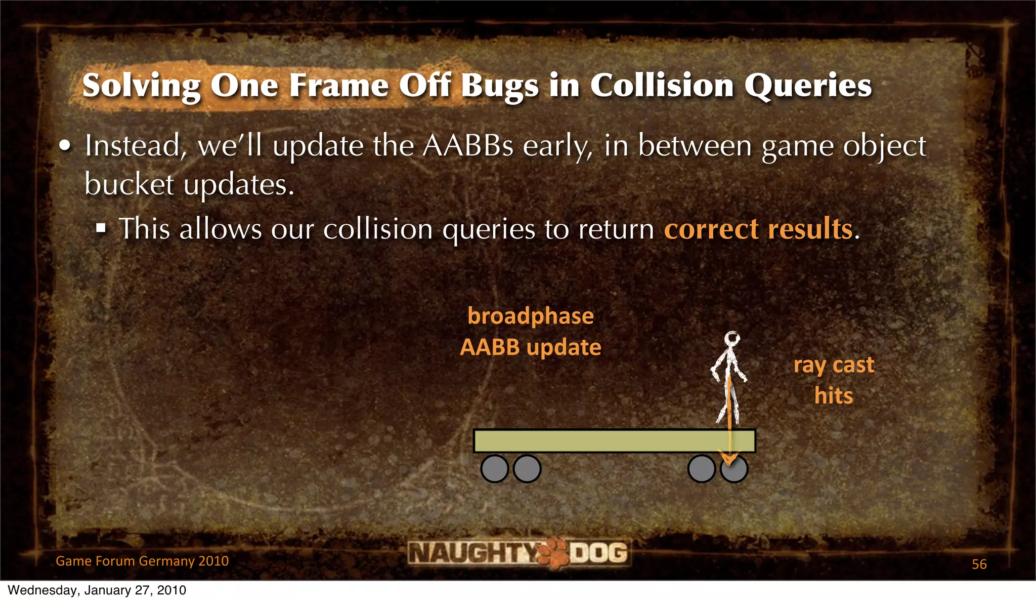 Solving One Frame Off Bugs in Collision Queries
       • Instead, we’ll update the AABBs early, in between game object
         bucket updates.
           This allows our collision queries to return correct results.

                                     broadphase
                                     AABB update
                                                              ray cast
                                                                hits




       Game Forum Germany 2010                                             56
Wednesday, January 27, 2010
 