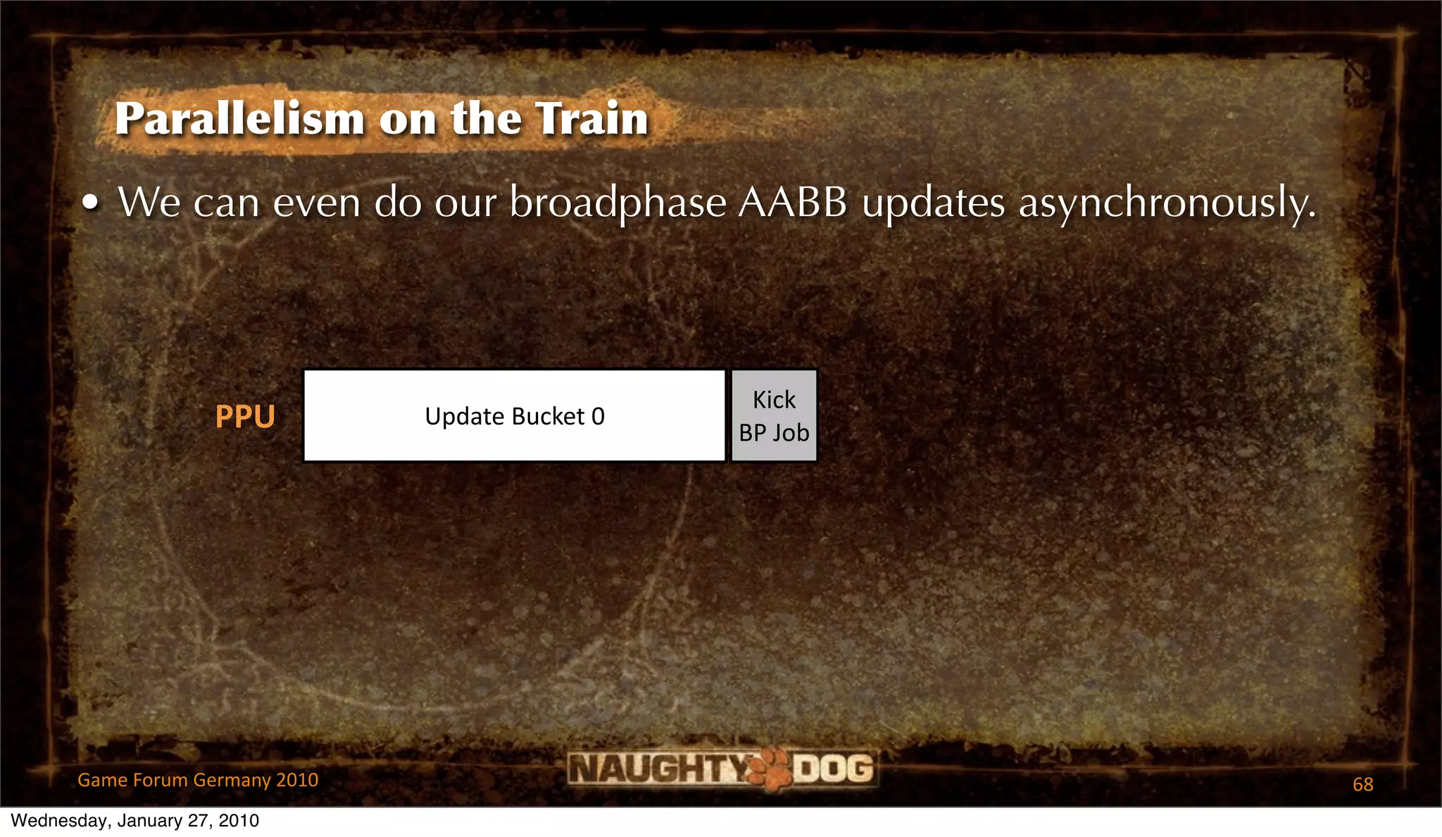 Parallelism on the Train
       • We can even do our broadphase AABB updates asynchronously.



                                                    Kick 
                      PPU        Update Bucket 0
                                                   BP Job




       Game Forum Germany 2010                                        68
Wednesday, January 27, 2010
 