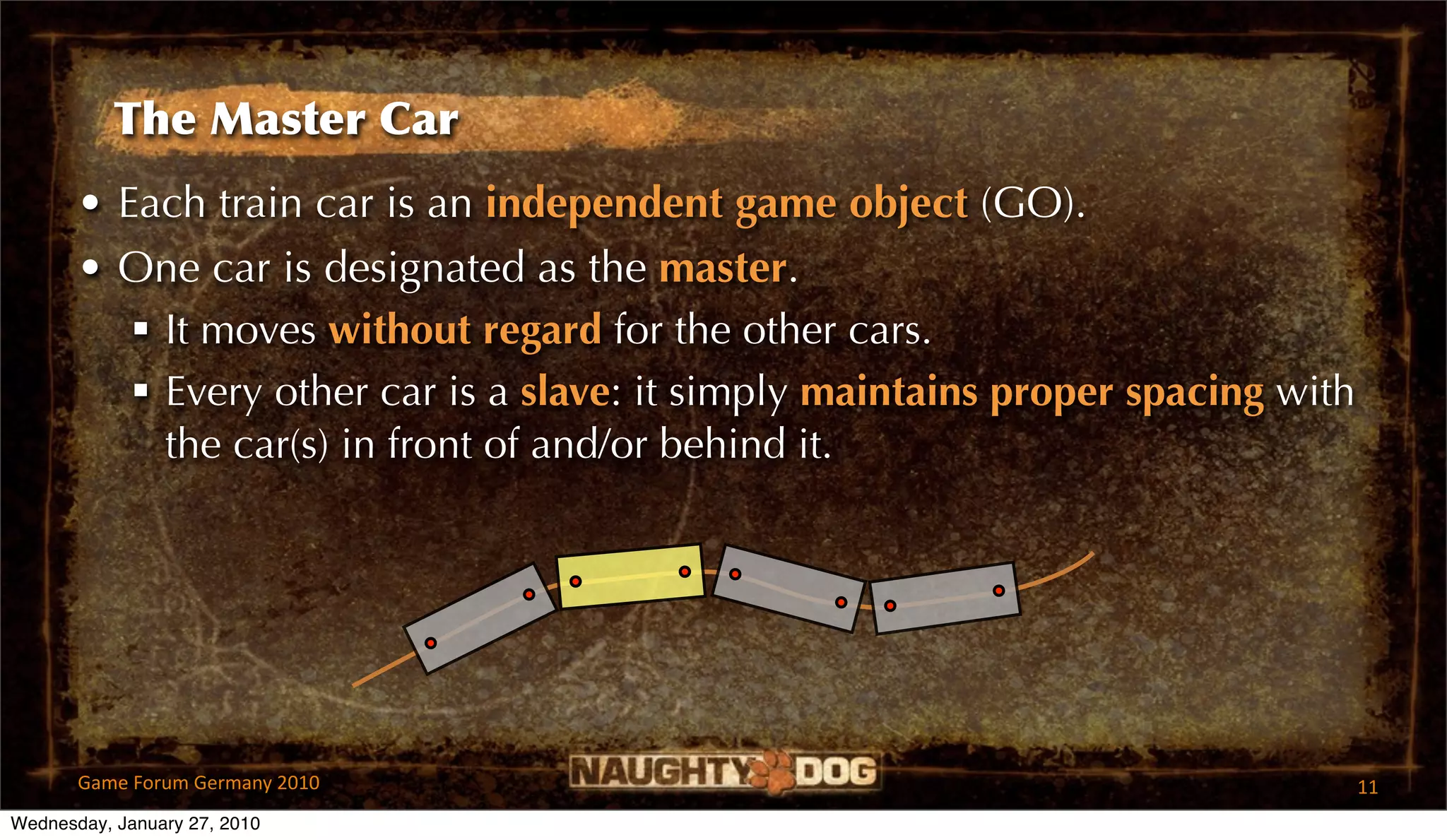 The Master Car
       • Each train car is an independent game object (GO).
       • One car is designated as the master.
           It moves without regard for the other cars.
           Every other car is a slave: it simply maintains proper spacing with
            the car(s) in front of and/or behind it.




       Game Forum Germany 2010                                                    11
Wednesday, January 27, 2010
 
