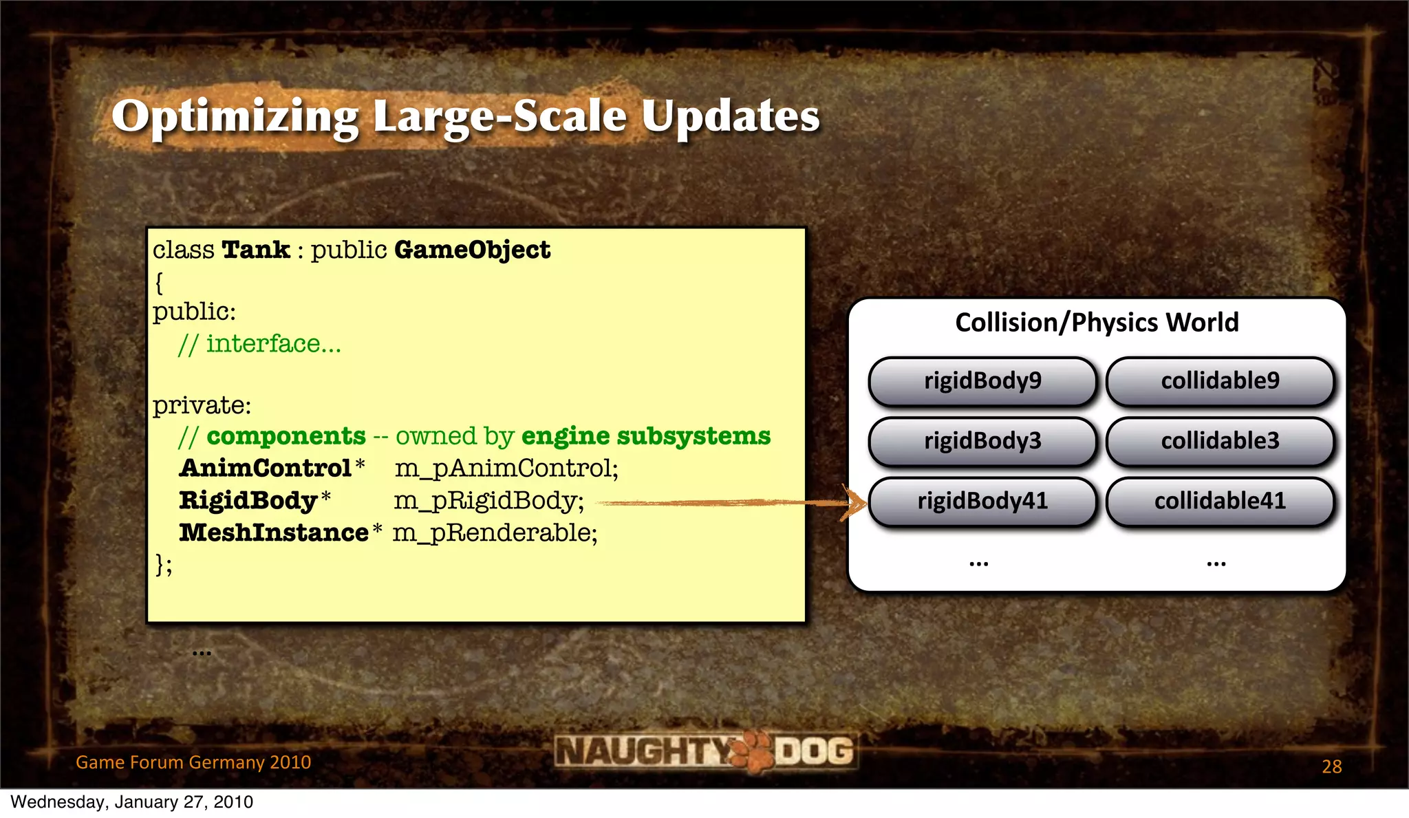 Optimizing Large-Scale Updates

               class Tank : public GameObject
               {
               public:                                             Collision/Physics World
                 // interface...
                                                                rigidBody9         collidable9
               private:
                  // components -- owned by engine subsystems   rigidBody3         collidable3
                  AnimControl* m_pAnimControl;
                  RigidBody*       m_pRigidBody;                rigidBody41        collidable41
                  MeshInstance* m_pRenderable;
               };                                                   ...                ...


                    ...



       Game Forum Germany 2010                                                                    28
Wednesday, January 27, 2010
 