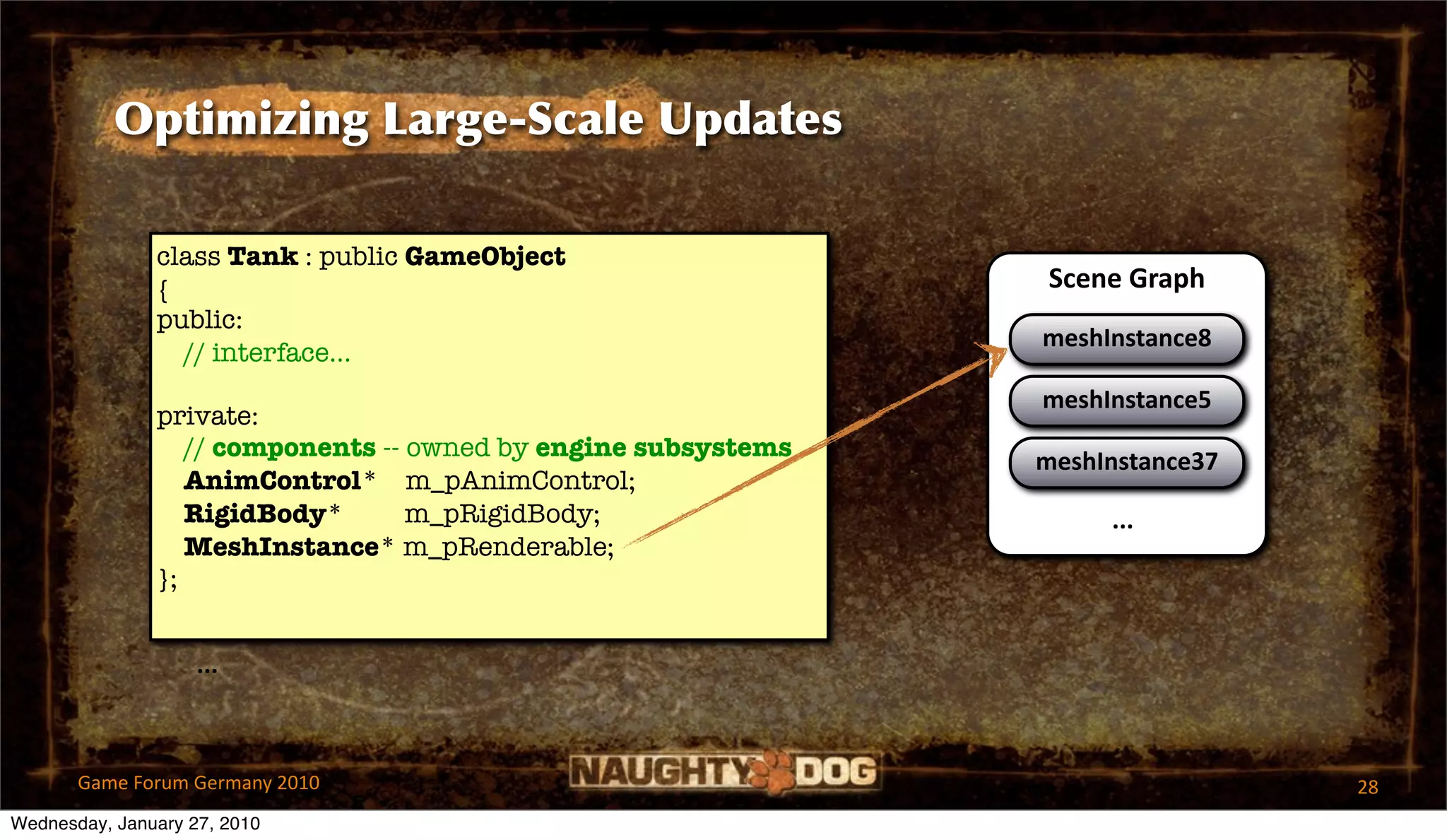 Optimizing Large-Scale Updates

               class Tank : public GameObject
               {                                                 Scene Graph
               public:
                                                                meshInstance8
                 // interface...
                                                                meshInstance5
               private:
                  // components -- owned by engine subsystems   meshInstance37
                  AnimControl* m_pAnimControl;
                  RigidBody*       m_pRigidBody;                     ...
                  MeshInstance* m_pRenderable;
               };


                    ...



       Game Forum Germany 2010                                                   28
Wednesday, January 27, 2010
 