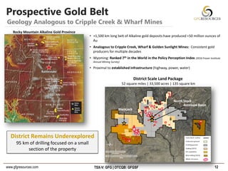 www.gfgresources.com TSX-V: GFG | OTCQB: GFGSF
Prospective Gold Belt
12
Geology Analogous to Cripple Creek & Wharf Mines
• +1,500 km long belt of Alkaline gold deposits have produced +50 million ounces of
Au
• Analogous to Cripple Creek, Wharf & Golden Sunlight Mines: Consistent gold
producers for multiple decades
• Wyoming: Ranked 7th in the World in the Policy Perception Index (2016 Fraser Institute
Annual Mining Survey)
• Proximal to established infrastructure (highway, power, water)
Rocky Mountain Alkaline Gold Province
District Scale Land Package
52 square miles | 33,500 acres | 135 square km
District Remains Underexplored
95 km of drilling focused on a small
section of the property
 