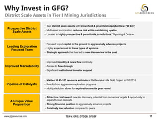 www.gfgresources.com TSX-V: GFG | OTCQB: GFGSF
Why Invest in GFG?
• Two district scale assets with brownfield & greenfield opportunities (700 km2)
• Multi-asset combination reduces risk while maintaining upside
• Located in highly prospective & permittable jurisdictions: Wyoming & Ontario
Prospective District
Scale Assets
• Focused to put capital in the ground to aggressively advance projects
• Highly experienced in these types of systems
• Strategic approach that has led to new discoveries in the past
Leading Exploration
Focused Team
• Improved liquidity & news flow continuity
• Access to flow-through
• Significant institutional investor support
Improved Marketability
• Maiden NI 43-101 resource estimate at Rattlesnake Hills Gold Project in Q2 2018
• Results from aggressive exploration programs
• Multi-jurisdiction allows for exploration results year round
Pipeline of Catalysts
• Attractive risk/reward: new Au discovery potential from numerous targets & opportunity to
expand known deposits
• Strong financial position to aggressively advance projects
• Relatively low valuation compared to peers
A Unique Value
Proposition
17
District Scale Assets in Tier I Mining Jurisdictions
 