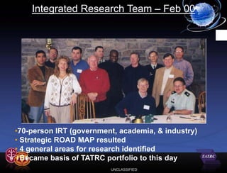 Integrated Research Team – Feb 00




•70-person IRT (government, academia, & industry)
• Strategic ROAD MAP resulted
• 4 general areas for research identified
• Became basis of TATRC portfolio to this day
                         UNCLASSIFIED
 