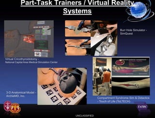 Part-Task Trainers / Virtual Reality
                         Systems

                                                                                Burr Hole Simulator -
                                                                                SimQuest




Virtual Cricothyroidotomy -
National Capital Area Medical Simulation Center




3-D Anatomical Model -
ArchieMD, Inc.
                                                                 Compartment Syndrome Sim & Didactics
                                                                 - Touch of Life (ToLTECH)



                                                  UNCLASSIFIED
 