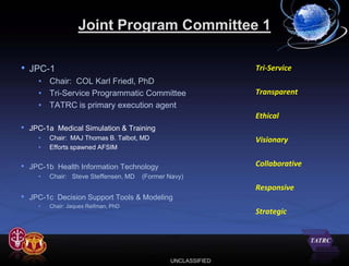 Joint Program Committee 1

• JPC-1                                                        Tri-Service
      • Chair: COL Karl Friedl, PhD
      • Tri-Service Programmatic Committee                     Transparent
      • TATRC is primary execution agent
                                                               Ethical
•   JPC-1a Medical Simulation & Training
      •   Chair: MAJ Thomas B. Talbot, MD                      Visionary
      •   Efforts spawned AFSIM


•   JPC-1b Health Information Technology                       Collaborative
      •   Chair: Steve Steffensen, MD   (Former Navy)
                                                               Responsive
•   JPC-1c Decision Support Tools & Modeling
      •   Chair: Jaques Reifman, PhD
                                                               Strategic




                                                UNCLASSIFIED
 