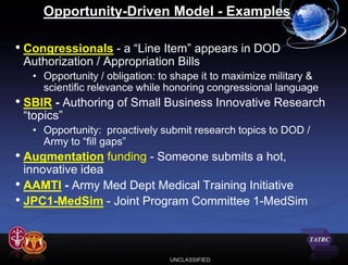 Opportunity-Driven Model - Examples

• Congressionals - a “Line Item” appears in DOD
 Authorization / Appropriation Bills
   • Opportunity / obligation: to shape it to maximize military &
     scientific relevance while honoring congressional language
• SBIR - Authoring of Small Business Innovative Research
 “topics”
   • Opportunity: proactively submit research topics to DOD /
     Army to “fill gaps”
• Augmentation funding - Someone submits a hot,
  innovative idea
• AAMTI - Army Med Dept Medical Training Initiative
• JPC1-MedSim - Joint Program Committee 1-MedSim


                                UNCLASSIFIED
 