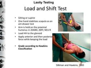 Load and Shift Test
• Sitting or supine
• One hand stabilizes scapula as on
ant drawer test
• Arm is held on the proximal
...