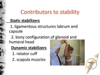 Contributors to stability
Static stabilizers
1. ligamentous structures labrum and
capsule
2. bony configuration of glenoid...