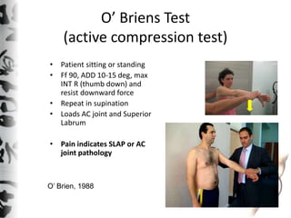 O’ Briens Test
(active compression test)
• Patient sitting or standing
• Ff 90, ADD 10-15 deg, max
INT R (thumb down) and
...