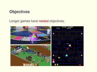 Objectives
Longer games have nested objectives.
 