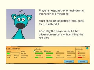 Player is responsible for maintaining
the health of a virtual pet
Must shop for the critter's food, cook
for it, and feed it
Each day the player must fill the
critter's green bars without filling the
red bars
 