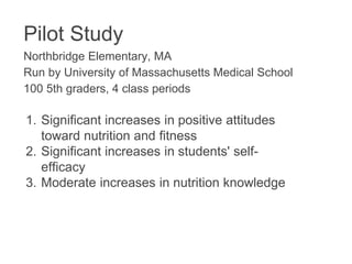 Pilot Study
Northbridge Elementary, MA
Run by University of Massachusetts Medical School
100 5th graders, 4 class periods
1. Significant increases in positive attitudes
toward nutrition and fitness
2. Significant increases in students' self-
efficacy
3. Moderate increases in nutrition knowledge
 