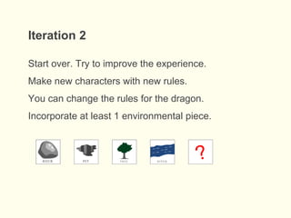 Iteration 2
Start over. Try to improve the experience.
Make new characters with new rules.
You can change the rules for the dragon.
Incorporate at least 1 environmental piece.
 