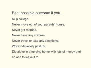 Best possible outcome if you...
Skip college.
Never move out of your parents' house.
Never get married.
Never have any children.
Never travel or take any vacations.
Work indefinitely past 65.
Die alone in a nursing home with lots of money and
no one to leave it to.
 