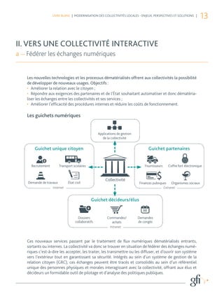 LIVRE BLANC | MODERNISATION DES COLLECTIVITÉS LOCALES - ENJEUX, PERSPECTIVES ET SOLUTIONS |
                                                                                                                        13


II. VERS UNE COLLECTIVITÉ INTERACTIVE
a — Fédérer les échanges numériques


   Les nouvelles technologies et les processus dématérialisés offrent aux collectivités la possibilité
   de développer de nouveaux usages. Objectifs :
   •	 Améliorer la relation avec le citoyen ;
   •	 Répondre aux exigences des partenaires et de l’État souhaitant automatiser et donc dématéria-
   liser les échanges entre les collectivités et ses services ;
   •	 Améliorer l’efficacité des procédures internes et réduire les coûts de fonctionnement.

   Les guichets numériques


                                                     Applications de gestion
                                                        de la collectivité


        Guichet unique citoyen                                                         Guichet partenaires

             +
      Recrutement       Transport scolaires                                        Fournisseurs   Coffre fort électronique


                                                          Collectivité
    Demande de travaux        État civil                                       Finances publiques Organismes sociaux
                   Internet                                                                    Extranet


                                                  Guichet décideurs/élus
                                              +                                   30

                                     Dossiers              Commandes/          Demandes
                                   collaboratifs              achats           de congés
                                                            Intranet



   Ces nouveaux services passent par le traitement de flux numériques dématérialisés entrants,
   sortants ou internes. La collectivité va donc se trouver en situation de fédérer des échanges numé-
   riques c’est-à-dire les accepter, les traiter, les transmettre ou les diffuser, et d’ouvrir son système
   vers l’extérieur tout en garantissant sa sécurité. Intégrés au sein d’un système de gestion de la
   relation citoyen (GRC), ces échanges peuvent être tracés et consolidés au sein d’un référentiel
   unique des personnes physiques et morales interagissant avec la collectivité, offrant aux élus et
   décideurs un formidable outil de pilotage et d’analyse des politiques publiques.
 