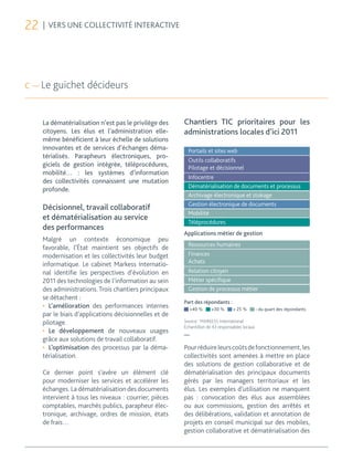 22   | VERS UNE COLLECTIVITÉ INTERACTIVE




c — Le guichet décideurs


     La dématérialisation n’est pas le privilège des    Chantiers TIC prioritaires pour les
     citoyens. Les élus et l’administration elle-       administrations locales d’ici 2011
     même bénéficient à leur échelle de solutions
     innovantes et de services d’échanges déma-           Portails et sites web
     térialisés. Parapheurs électroniques, pro-
                                                          Outils collaboratifs
     giciels de gestion intégrée, téléprocédures,         Pilotage et décisionnel
     mobilité… : les systèmes d’information
                                                          Infocentre
     des collectivités connaissent une mutation
                                                          Dématérialisation de documents et processus
     profonde.
                                                          Archivage électronique et stokage
                                                          Gestion électronique de documents
     Décisionnel, travail collaboratif
                                                          Mobilité
     et dématérialisation au service
                                                          Téléprocédures
     des performances
                                                        Applications métier de gestion
     Malgré un contexte économique peu
                                                          Ressources humaines
     favorable, l’État maintient ses objectifs de
     modernisation et les collectivités leur budget       Finances
     informatique. Le cabinet Markess Internatio-         Achats
     nal identifie les perspectives d’évolution en        Relation citoyen
     2011 des technologies de l’information au sein       Métier spécifique
     des administrations. Trois chantiers principaux      Gestion de processus métier
     se détachent :
                                                        Part des répondants :
     •	 L’amélioration des performances internes          +40 %       +30 %      + 25 %         - du quart des répondants
     par le biais d’applications décisionnelles et de
     pilotage.                                          Source : MARKESS International
                                                        Échantillon de 43 responsables locaux
     •	 Le développement de nouveaux usages
                                                        —
     grâce aux solutions de travail collaboratif.
     •	 L’optimisation des processus par la déma-       Pour réduire leurs coûts de fonctionnement, les
     térialisation.                                     collectivités sont amenées à mettre en place
                                                        des solutions de gestion collaborative et de
     Ce dernier point s’avère un élément clé            dématérialisation des principaux documents
     pour moderniser les services et accélérer les      gérés par les managers territoriaux et les
     échanges. La dématérialisation des documents       élus. Les exemples d’utilisation ne manquent
     intervient à tous les niveaux : courrier, pièces   pas : convocation des élus aux assemblées
     comptables, marchés publics, parapheur élec-       ou aux commissions, gestion des arrêtés et
     tronique, archivage, ordres de mission, états      des délibérations, validation et annotation de
     de frais…                                          projets en conseil municipal sur des mobiles,
                                                        gestion collaborative et dématérialisation des
 