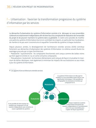 36 | RÉUSSIR SON PROJET DE MODERNISATION


f — Urbanisation : favoriser la transformation progressive du système
d’information par les services


  La démarche d’urbanisation du système d’information consiste à le découper en sous-ensembles
  cohérents et relativement indépendants afin de faire face à la complexité de réalisation de l’ensemble
  du projet et de pouvoir maintenir le système dans sa globalité. Il s’avère ainsi possible de modifier
  une partie du système d’information tout en en contrôlant les impacts, en particulier leur localisation,
  de manière à ne pas avoir à reconstruire et requalifier l’ensemble du système à chaque évolution.

  Depuis plusieurs années, le développement de l’architecture orientée services (SOA) contribue
  fortement aux démarches d’urbanisation des systèmes d’information. Le schéma suivant illustre les
  avantages procurés par ce type d’architecture:
  •	 Modularité / asynchronisme : les composants fonctionnels sont conçus comme des boîtes noires
  qui font appel en entrée et / ou en sortie à d’autres composants.
  •	 Mutualisation / évolutivité : les fonctions élémentaires sont conçues de façon à mutualiser le maxi-
  mum de tâches identiques, mais également à minimiser les impacts liés aux évolutions ou aux mises
  à jour du système d’information.



     Les apports d’une architecture orientée services


                                                                       Le système d’information est découpé en
                                                                     modules ou sous-ensembles ayant chacun une
                                                                      signification intrinsèque. il est possible de
                                                                       cartographier les domaines et entités qui
                                                                                    composent le SI.
                                                        Modularité




                                   Évolutivité                         Asynchronisme

                                                                                         Chaque module du système
 Il est possible de faire évoluer les
                                                                                     d’information fonctionne de
  modules qui composent le SI de
                                                                               manière indépendante et l’enchaînement
  manière indépendante sans remettre en
                                                                                   entre les sous-ensembles peut
        cause la globalité du système.
                                                                                    s’opérer de façon asynchrone.
 