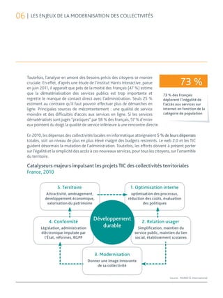 06 | LES ENJEUX DE LA MODERNISATION DES COLLECTIVITÉS




    Toutefois, l’analyse en amont des besoins précis des citoyens se montre
    cruciale. En effet, d’après une étude de l’institut Harris Interactive, parue
    en juin 2011, il apparaît que près de la moitié des Français (47 %) estime
                                                                                                   73 %
    que la dématérialisation des services publics est trop importante et               73 % des Français
    regrette le manque de contact direct avec l’administration. Seuls 25 %             déplorent l’inégalité de
    estiment au contraire qu’il faut pouvoir effectuer plus de démarches en            l’accès aux services sur
    ligne. Principales sources de mécontentement : une qualité de service              internet en fonction de la
    moindre et des difficultés d’accès aux services en ligne. Si les services          catégorie de population
    dématérialisés sont jugés “pratiques” par 58 % des Français, 57 % d’entre
    eux pointent du doigt la qualité de service inférieure à une rencontre directe.

    En 2010, les dépenses des collectivités locales en informatique atteignaient 5 % de leurs dépenses
    totales, soit un niveau de plus en plus élevé malgré des budgets restreints. Le web 2.0 et les TIC
    guident désormais la mutation de l’administration. Toutefois, les efforts doivent à présent porter
    sur l’égalité et la simplicité des accès à ces nouveaux services, pour tous les citoyens, sur l’ensemble
    du territoire.

    Catalyseurs majeurs impulsant les projets TIC des collectivités territoriales
    France, 2010

                      5. Territoire                                1. Optimisation interne
                Attractivité, aménagement,                          optimisation des processus,
               developpement économique,                          réduction des coûts, évaluation
                valorisation du patrimoine                                des politiques



                 4. Conformité
                                             Développement                2. Relation usager
            Législation, administration
                                                durable                 Simplification, maintien du
            éléctronique impulsée par                                 service public, maintien du lien
              l’État, réformes, RGPP                                  social, établissement scolaires



                                             3. Modernisation
                                          Donner une image innovante
                                              de sa collectivité


                                                                                           Source : MARKESS International
 