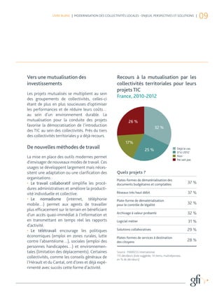 LIVRE BLANC | MODERNISATION DES COLLECTIVITÉS LOCALES - ENJEUX, PERSPECTIVES ET SOLUTIONS |
                                                                                                                         09




Vers une mutualisation des                             Recours à la mutualisation par les
investissements                                        collectivités territoriales pour leurs
                                                       projets TIC
Les projets mutualisés se multiplient au sein
des groupements de collectivités, celles-ci
                                                       France, 2010-2012
étant de plus en plus soucieuses d’optimiser
les performances et de réduire leurs coûts…
au sein d’un environnement durable. La
mutualisation pour la conduite des projets                      26 %
favorise la démocratisation de l’introduction
                                                                                       32 %
des TIC au sein des collectivités. Près du tiers
des collectivités territoriales y a déjà recours.
                                                              17%
De nouvelles méthodes de travail                                              25 %                        Déjà le cas
                                                                                                          D’ici 2012
La mise en place des outils modernes permet                                                               Non
                                                                                                          Ne sait pas
d’envisager de nouveaux modes de travail. Ces
usages se développent largement mais néces-
sitent une adaptation ou une clarification des         Quels projets ?
organisations :                                        Plates-formes de dématérialisation des
•	 Le travail collaboratif simplifie les procé-        documents budgétaires et comptables                        37 %
dures administratives et améliore la producti-
vité individuelle et collective.                       Réseaux très haut débit                                    37 %
•	 Le nomadisme (internet, téléphonie                  Plate-forme de dématérialisation
mobile…) permet aux agents de travailler               pour le contrôle de légalité                               32 %
plus efficacement sur le terrain en bénéficiant
d’un accès quasi-immédiat à l’information et           Archivage à valeur probante                                32 %
en transmettant en temps réel les rapports             Logiciel métier                                            31 %
d’activité.
•	 Le télétravail encourage les politiques             Solutions collaboratives                                   29 %
économiques (emploi en zones rurales, lutte            Plates-formes de services à destination
contre l’absentéisme…), sociales (emploi des           des citoyens                                               28 %
personnes handicapées…) et environnemen-
tales (limitation des déplacements). Certaines         Source : MARKESS International
                                                       115 décideurs (liste suggérée, 14 items, multiréponses,
collectivités, comme les conseils généraux de          en % de décideurs)
l’Hérault et du Cantal, ont d’ores et déjà expé-
rimenté avec succès cette forme d’activité.
 