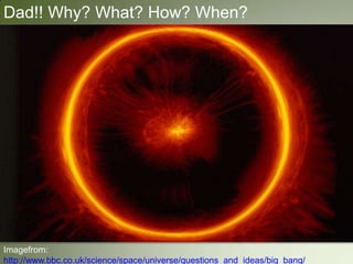 Dad!! Why? What? How? When?
Imagefrom:
http://www.bbc.co.uk/science/space/universe/questions_and_ideas/big_bang/
 