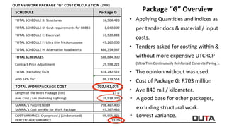 OUTA's	WORK	PACKAGE	"G"	COST	CALCULATION	(ZAR)
SCHEDULE Package	G
TOTAL	SCHEDULE	B:	Structures 16,508,420									
TOTAL	SCHEDULE	D:	Govt	requirements	for	BBBEE 1,040,000										
TOTAL	SCHEDULE	E:	Electrical 37,520,883									
TOTAL	SCHEDULE	F:	Ultra	thin	friction	course 45,260,000									
TOTAL	SCHEDULE	H:	Alternative	Road	works 486,354,997							
TOTAL	SCHEDULES	 586,684,300							
Contract	Price	Adjustment 29,598,222									
TOTAL	(Excluding	VAT) 616,282,522							
ADD	14%	VAT 86,279,553									
TOTAL	WORKPACKAGE	COST	 702,562,075		
Length	of	the	Work	Package	(km) 17.6																		
Ave.	Cost	/	km	(Including	Lighting) 39,918,300									
SANRAL's	PAID	TENDER 798,467,400							
SANRAL's	Cost	per	KM	for	Work	Package 45,367,466									
COST	VARIANCE:	Overpriced	/	(Underpriced) 95,905,325									
PERCENTAGE	VARIANCE 13.7%
Package	“G”	Overview	
•  Applying	Quan..es	and	indices	as	
per	tender	docs	&	material	/	input	
costs.	
•  Tenders	asked	for	cos.ng	within	&	
without	more	expensive	UTCRCP		
(Ultra	Thin	Con.nuously	Reinforced	Concrete	Paving	).	
•  The	opinion	without	was	used.	
•  Cost	of	Package	G:	R703	million	
•  Ave	R40	mil	/	kilometer.	
•  A	good	base	for	other	packages,	
excluding	structural	work.	
•  Lowest	variance.	
 