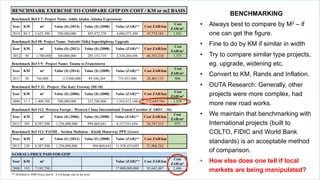 OTHER BENCHMARK PROJECTS
BENCHMARK EXERCISE TO COMPARE GFIP ON COST / KM or m2 BASIS
Benchmark Ref # 7: Project Name: Addis Ababa–Adama Expressway
Year KM m² Value ($) (2014) Value ($) (2008) Value (ZAR)** Cost ZAR/km
Cost
ZAR/m²
2014 84.7 2,625,700 700,000,000 493,472,378 4,046,473,500 47,774,185 1,541
Benchmark Ref #8: Project Name: Nairobi-Thika Superhighway Upgrade
Year KM m² Value ($) (2012) Value ($) (2008) Value (ZAR)** Cost ZAR/km
Cost
ZAR/m²
2012 50 1,700,000 360,000,000 285,153,719 2,338,260,496 46,765,210 1,375
Benchmark Ref # 9: Project Name: Tonota to Francistown
Year KM m² Value ($) (2014) Value ($) (2008) Value (ZAR)** Cost ZAR/km
Cost
ZAR/m²
2015 30 744,000 113,000,000 89,506,584 733,953,989 24,465,133 986
Benchmark Ref # 11: Project: The Katy Freeway (IH-10)
Year KM m² Value ($) (2006) Value ($) (2008) Value (ZAR)** Cost ZAR/km
Cost
ZAR/m²
2006 11.1 1,409,700 208,000,000 233,708,800 1,916,412,160 172,649,744 1,359
Benchmark Ref #12: Western Europe - Western China International Transit Corridor (CAREC - 1b)
Year KM m² Value ($) (2006) Value ($) (2008) Value (ZAR)** Cost ZAR/km
Cost
ZAR/m²
2012 305 8,387,500 1,256,000,000 994,869,641 8,157,931,056 26,747,315 973
Benchmark Ref #13: PATHE - Section Maliakos - Kleidi Motorway PPP, Greece
Year KM m² Value (€) (2012) Value (€) (2008) Value (ZAR)** Cost ZAR/km
2012 230 8,387,500 1,256,000,000 994,869,641 11,938,435,692 51,906,242
SANRAL's PRICE PAID FOR GFIP
Year KM m² Value (ZAR)** Cost ZAR/km
Cost
ZAR/m²
2008 193 7,192,750 17,880,000,000 92,642,487 2,486
** Deflated to 2008 Prices and R : $ Exchange rate at the time
BENCHMARKING
•  Always best to compare by M2 – if
one can get the figure.
•  Fine to do by KM if similar in width
•  Try to compare similar type projects,
eg. upgrade, widening etc.
•  Convert to KM, Rands and Inflation.
•  OUTA Research: Generally, other
projects were more complex, had
more new road works.
•  We maintain that benchmarking with
International projects (built to
COLTO, FIDIC and World Bank
standards) is an acceptable method
of comparison.
•  How else does one tell if local
markets are being manipulated?
 