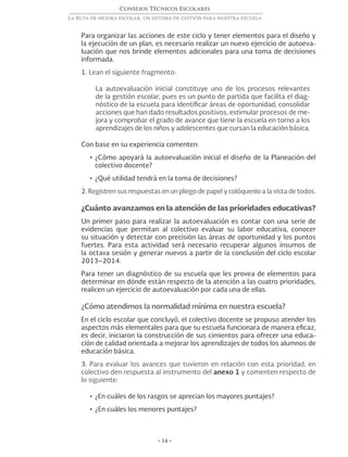 Consejos Técnicos Escolares
La Ruta de mejora escolar, un sistema de gestión para nuestra escuela
• 14 •
Para organizar las acciones de este ciclo y tener elementos para el diseño y
la ejecución de un plan, es necesario realizar un nuevo ejercicio de autoeva-
luación que nos brinde elementos adicionales para una toma de decisiones
informada.
1. Lean el siguiente fragmento:
La autoevaluación inicial constituye uno de los procesos relevantes
de la gestión escolar, pues es un punto de partida que facilita el diag-
nóstico de la escuela para identificar áreas de oportunidad, consolidar
acciones que han dado resultados positivos, estimular procesos de me-
jora y comprobar el grado de avance que tiene la escuela en torno a los
aprendizajes de los niños y adolescentes que cursan la educación básica.
Con base en su experiencia comenten:
•	¿Cómo apoyará la autoevaluación inicial el diseño de la Planeación del
colectivo docente?
•	¿Qué utilidad tendrá en la toma de decisiones?
2. Registren sus respuestas en un pliego de papel y colóquenlo a la vista de todos.
¿Cuánto avanzamos en la atención de las prioridades educativas?
Un primer paso para realizar la autoevaluación es contar con una serie de
evidencias que permitan al colectivo evaluar su labor educativa, conocer
su situación y detectar con precisión las áreas de oportunidad y los puntos
fuertes. Para esta actividad será necesario recuperar algunos insumos de
la octava sesión y generar nuevos a partir de la conclusión del ciclo escolar
2013–2014.
Para tener un diagnóstico de su escuela que les provea de elementos para
determinar en dónde están respecto de la atención a las cuatro prioridades,
realicen un ejercicio de autoevaluación por cada una de ellas.
¿Cómo atendimos la normalidad mínima en nuestra escuela?
En el ciclo escolar que concluyó, el colectivo docente se propuso atender los
aspectos más elementales para que su escuela funcionara de manera eficaz,
es decir, iniciaron la construcción de sus cimientos para ofrecer una educa-
ción de calidad orientada a mejorar los aprendizajes de todos los alumnos de
educación básica.
3. Para evaluar los avances que tuvieron en relación con esta prioridad, en
colectivo den respuesta al instrumento del anexo 1 y comenten respecto de
lo siguiente:
•	¿En cuáles de los rasgos se aprecian los mayores puntajes?
•	¿En cuáles los menores puntajes?
 