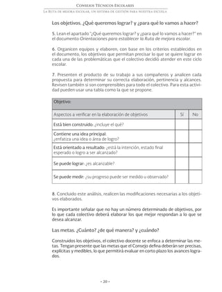 • 20 •
Consejos Técnicos Escolares
La Ruta de mejora escolar, un sistema de gestión para nuestra escuela
Los objetivos. ¿Qué queremos lograr? y ¿para qué lo vamos a hacer?
5. Lean el apartado “¿Qué queremos lograr? y ¿para qué lo vamos a hacer?” en
el documento Orientaciones para establecer la Ruta de mejora escolar.
6. Organicen equipos y elaboren, con base en los criterios establecidos en
el documento, los objetivos que permitan precisar lo que se quiere lograr en
cada una de las problemáticas que el colectivo decidió atender en este ciclo
escolar.
7. Presenten el producto de su trabajo a sus compañeros y analicen cada
propuesta para determinar su correcta elaboración, pertinencia y alcances.
Revisen también si son comprensibles para todo el colectivo. Para esta activi-
dad pueden usar una tabla como la que se propone.
Objetivo:
Aspectos a verificar en la elaboración de objetivos Sí No
Está bien construido: ¿incluye el qué?
Contiene una idea principal:
¿enfatiza una idea o área de logro?
Está orientado a resultado: ¿está la intención, estado final
esperado o logro a ser alcanzado?
Se puede lograr: ¿es alcanzable?
Se puede medir: ¿su progreso puede ser medido u observado?
	
8. Concluido este análisis, realicen las modificaciones necesarias a los objeti-
vos elaborados.
Es importante señalar que no hay un número determinado de objetivos, por
lo que cada colectivo deberá elaborar los que mejor respondan a lo que se
desea alcanzar.
Las metas. ¿Cuánto? ¿de qué manera? y ¿cuándo?
Construidos los objetivos, el colectivo docente se enfoca a determinar las me-
tas. Tengan presente que las metas que el Consejo defina deberán ser precisas,
explícitas y medibles, lo que permitirá evaluar en corto plazo los avances logra-
dos.
 
